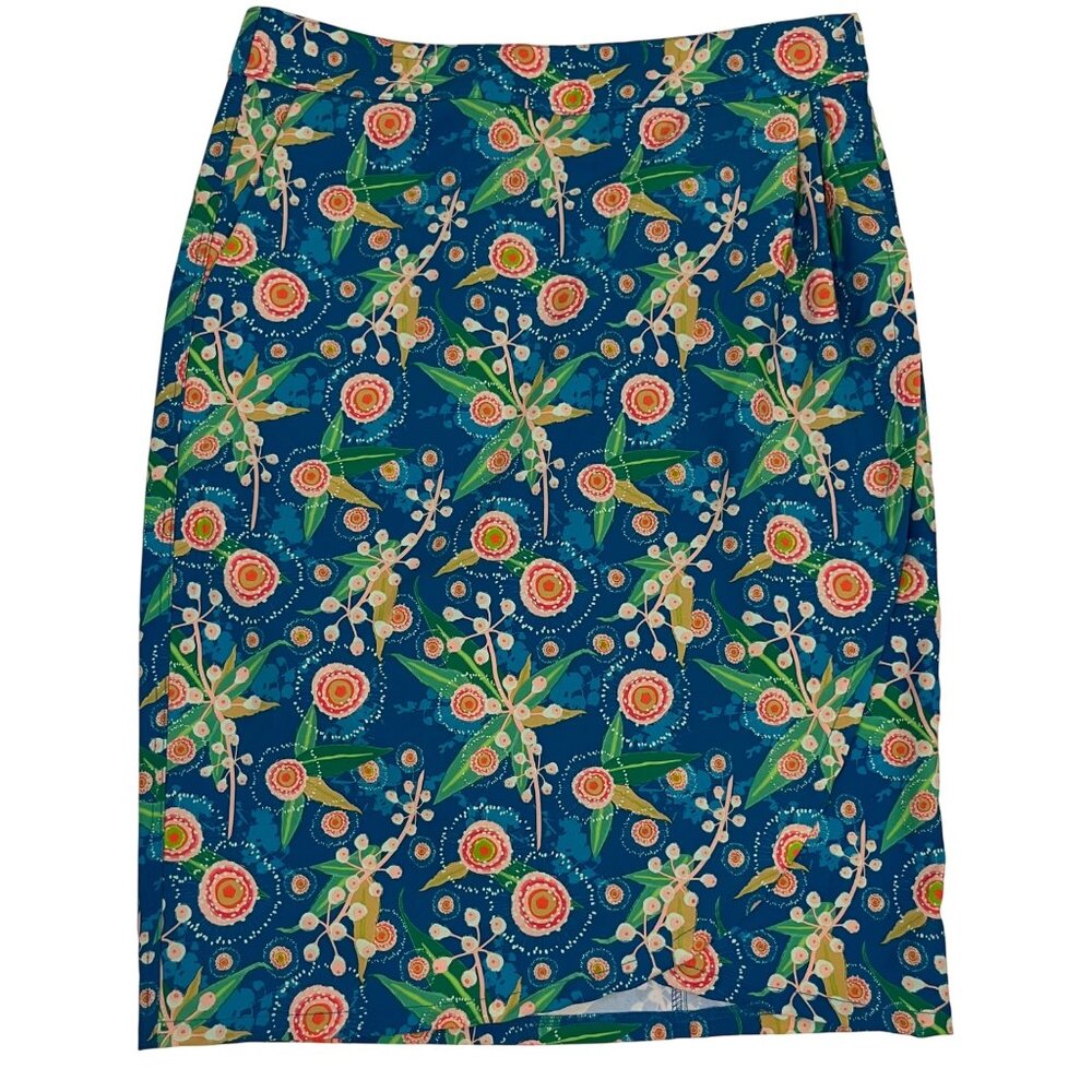 Navy Floral Pencil Skirt with Green Accents
